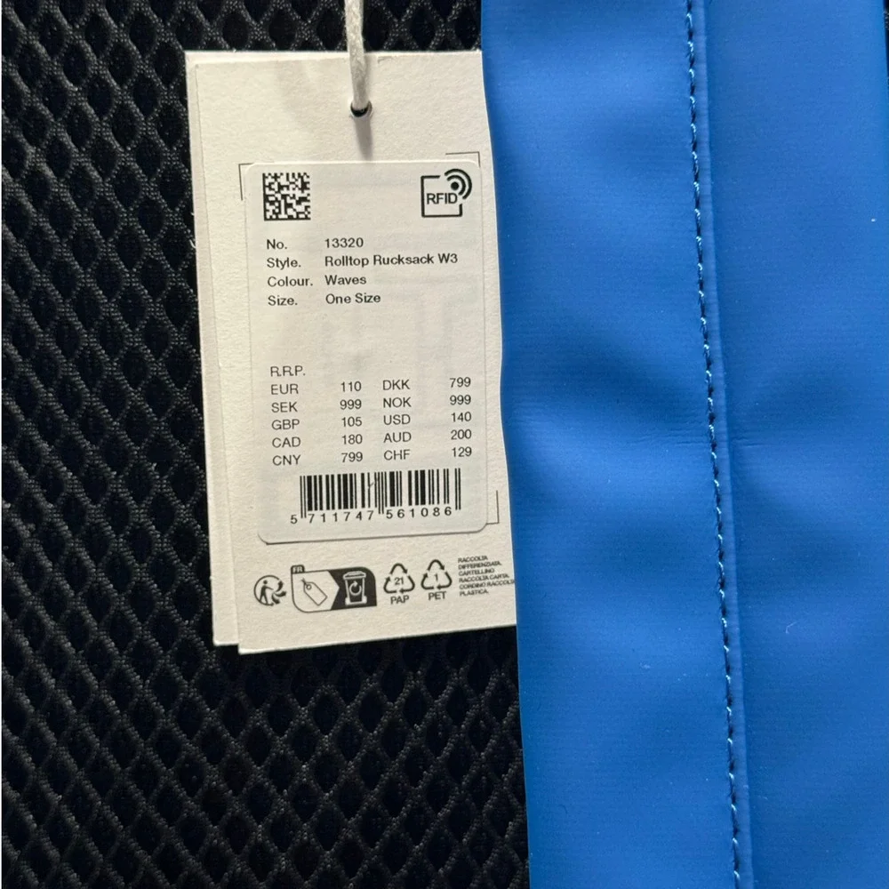 NWT! Rains Rolltop Rucksack W3 in Blue Waves - Unisex